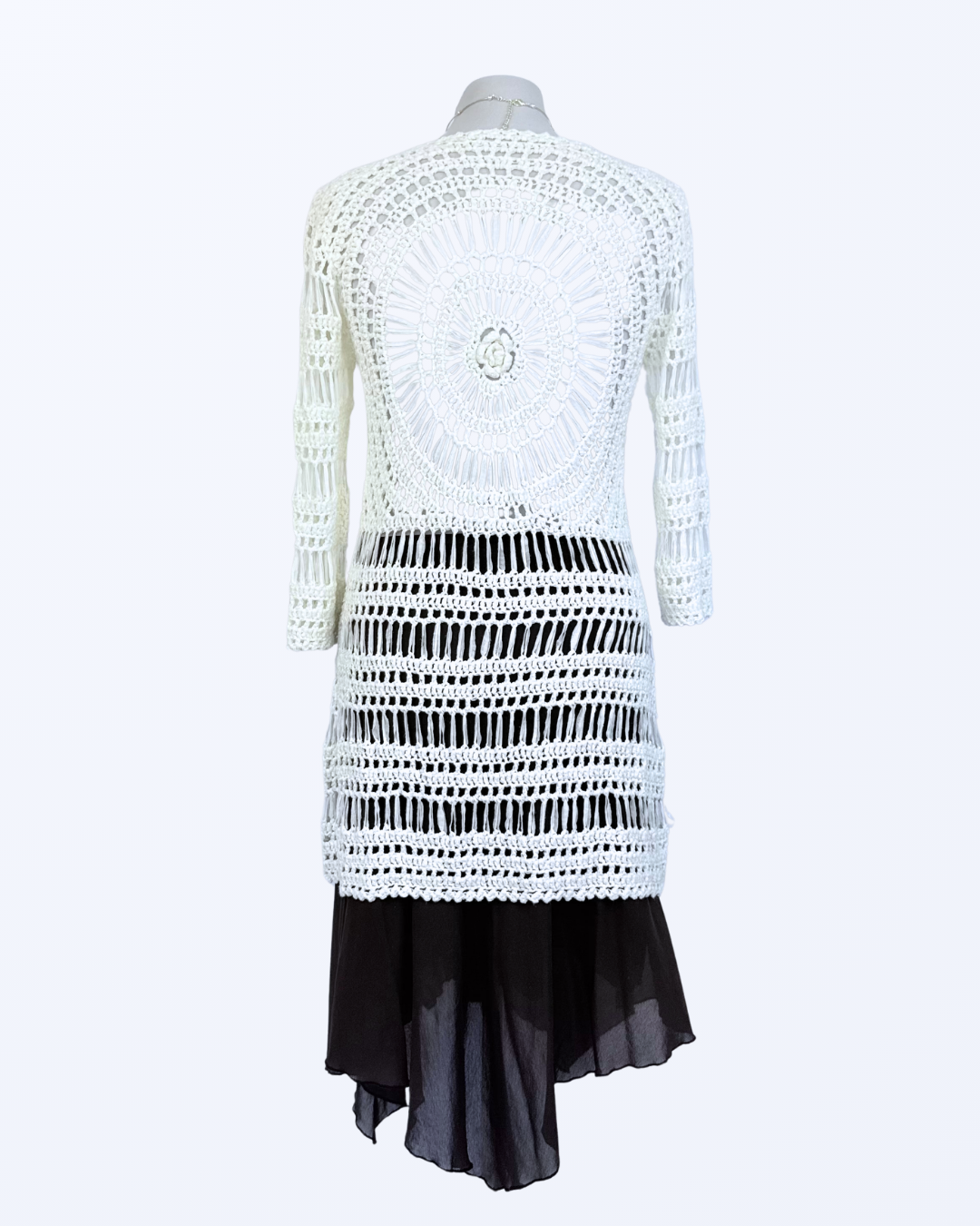 Boho Festival Whitchy Whimsical Häkelcardigan Lang Duster weiß Teos Vintage Onlineshop