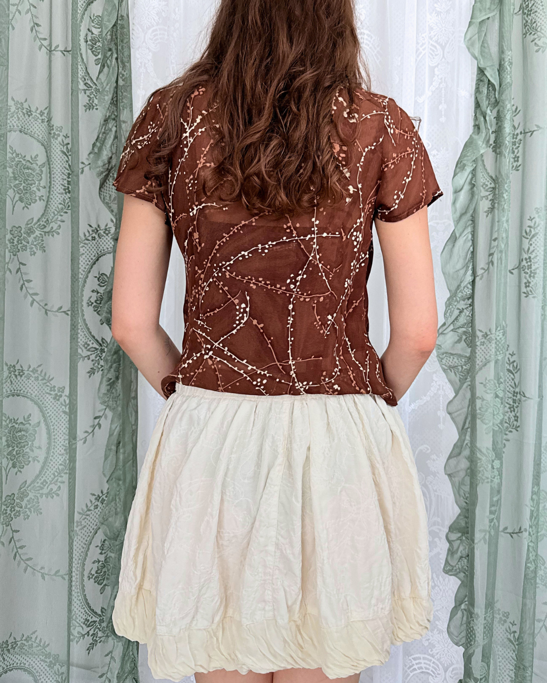 Mesh Kurzarmbluse gemustert brau Boho Style Fesitval Bluse Boho Sommer 90s Style Friends