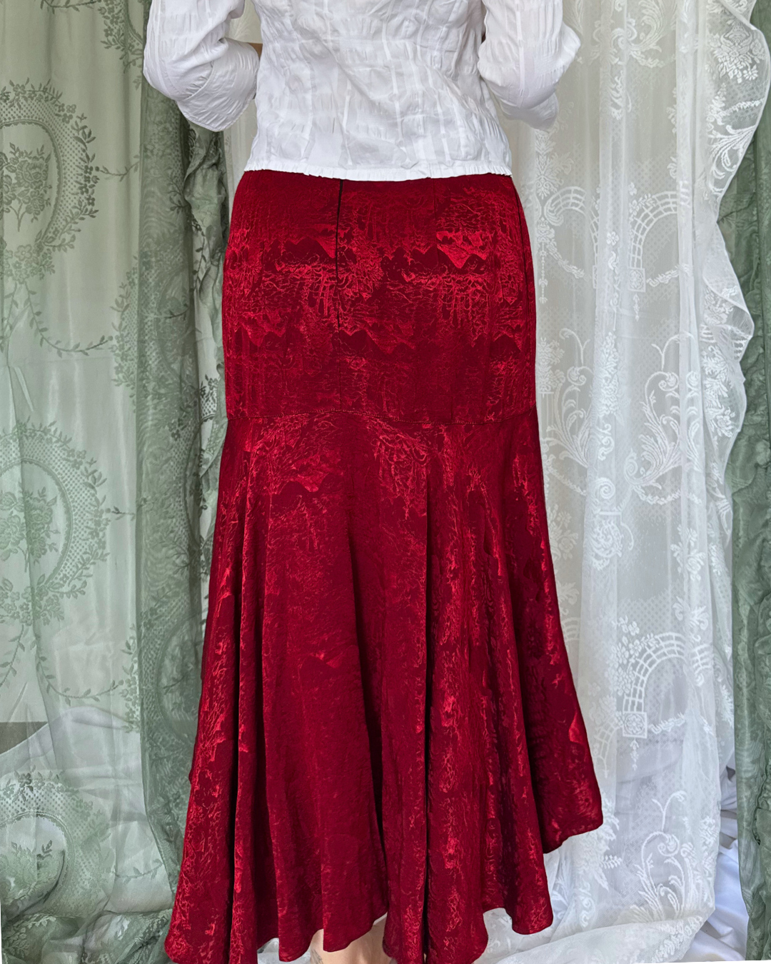 Midirock Maxirock Asymmetrisch Hexenrock witchy Rock whimsical whimsy rot muster besonders rare Teos Vintage Onlineshop