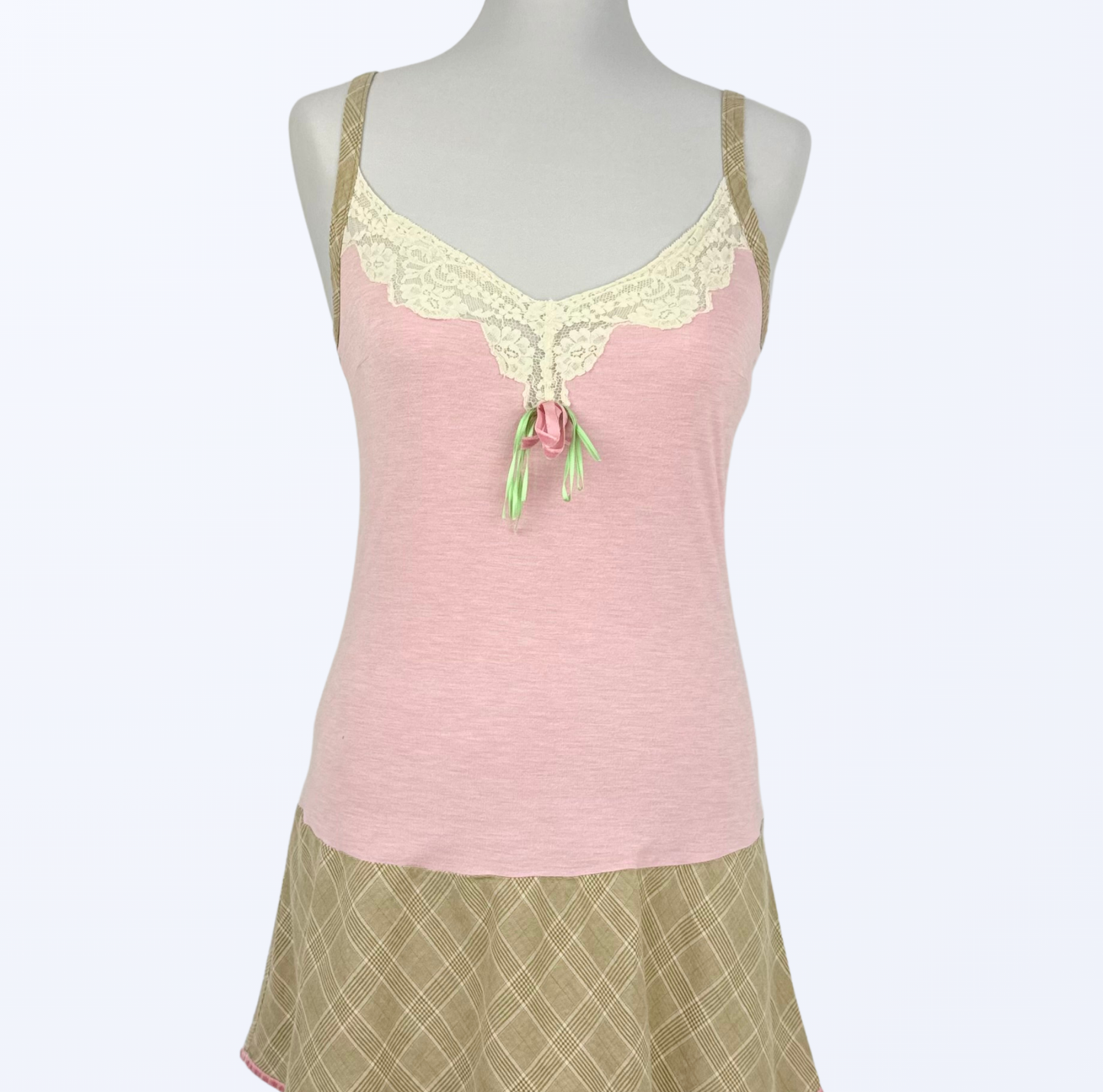 Vintage Kleid mit Spitzen und Blume rosa beige Teos Vintage Onlineshop