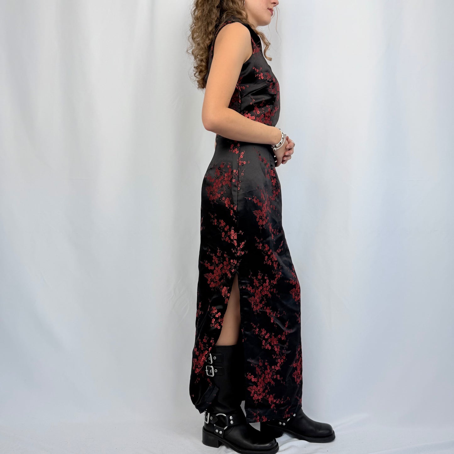 Vintage Mondial Mode Maxikleid mit Seide schwarz-rot (S)