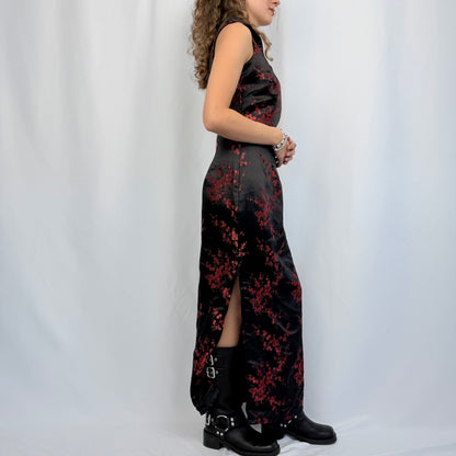 Vintage Mondial Mode Maxikleid mit Seide schwarz-rot (S)