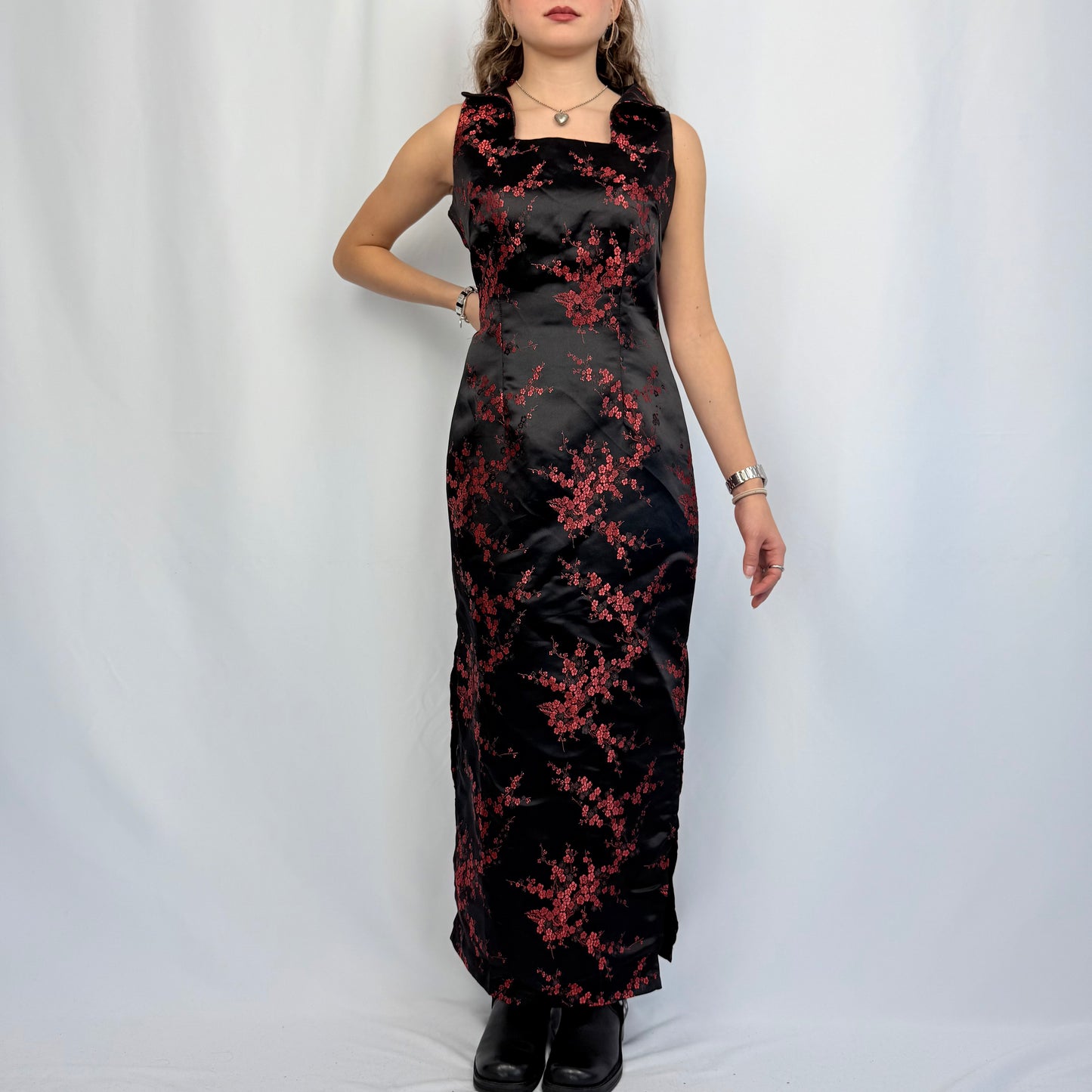 Vintage Mondial Mode Maxikleid mit Seide schwarz-rot (S)