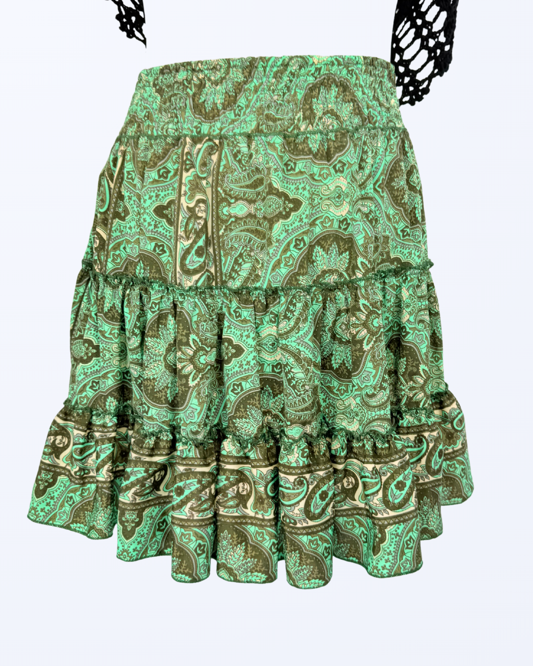Boho Festival Minirock mit Seide gestuft paisley Muster Teos Vintage Onlineshop