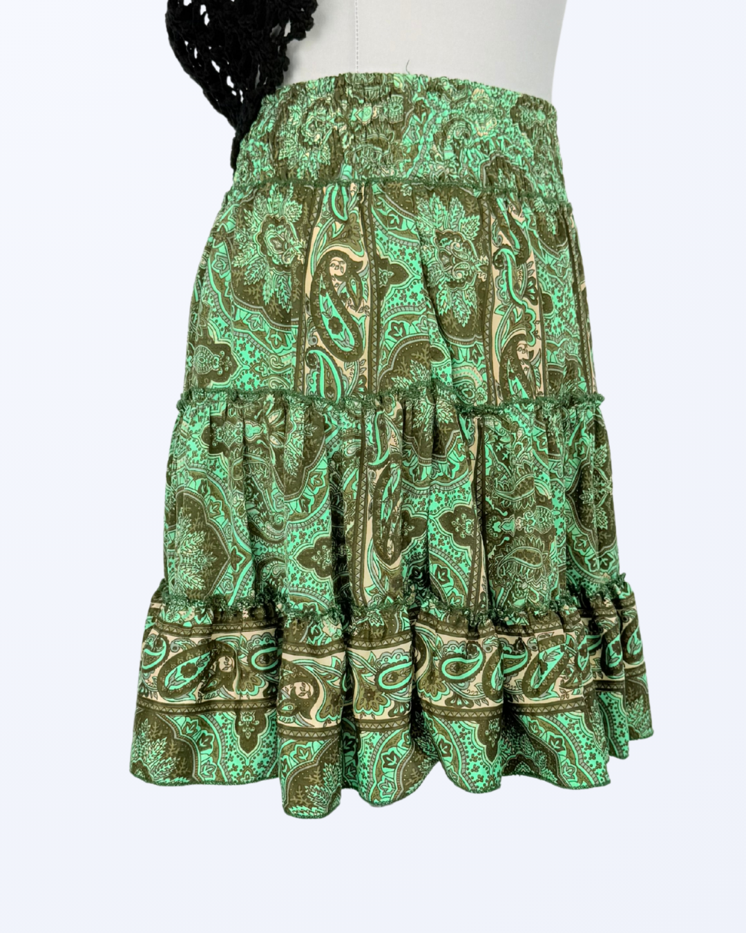 Boho Festival Minirock mit Seide gestuft paisley Muster Teos Vintage Onlineshop