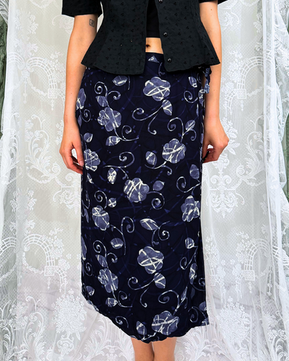 Vintage Wickelrock Blumenmuster dunkelblau 90s Style Whitchy Whimsical Boho Urlaub