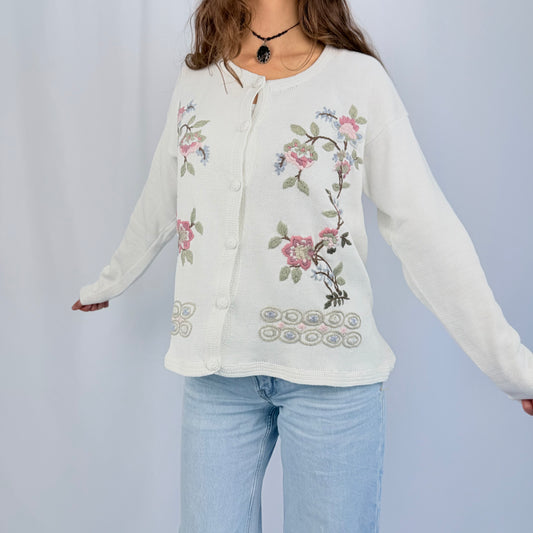 Vintage Modafil Strickjacke weiß mit Blumenstickereien (L/XL)