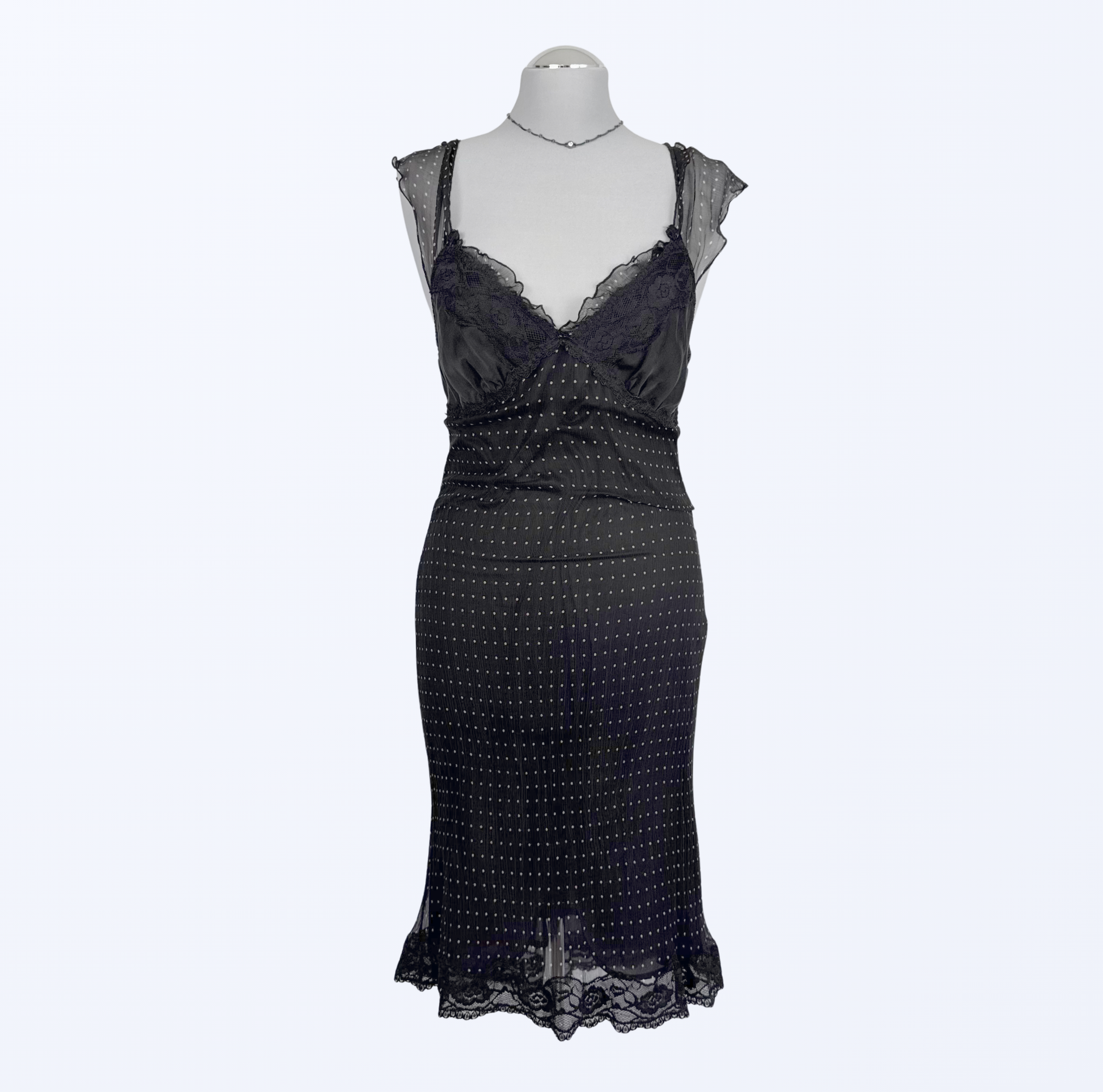 Polka Dots Seidenkleid scharz Rüschenärmel Teos Vintage Onlineshop