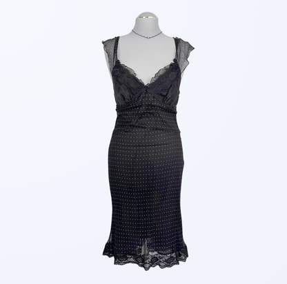 Polka Dots Seidenkleid scharz Rüschenärmel Teos Vintage Onlineshop