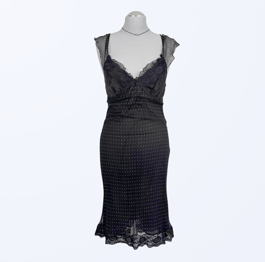 Polka Dots Seidenkleid scharz Rüschenärmel Teos Vintage Onlineshop