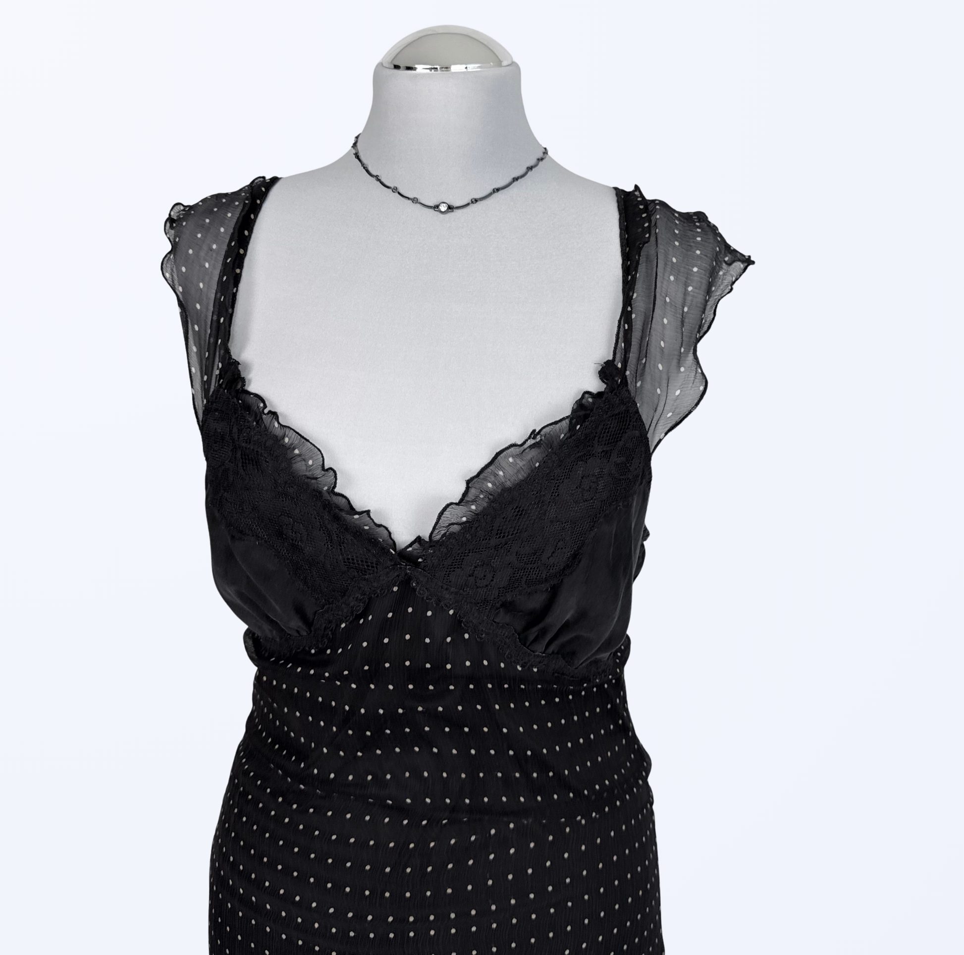 Polka Dots Seidenkleid scharz Rüschenärmel Teos Vintage Onlineshop