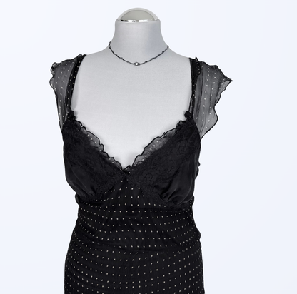 Polka Dots Seidenkleid scharz Rüschenärmel Teos Vintage Onlineshop