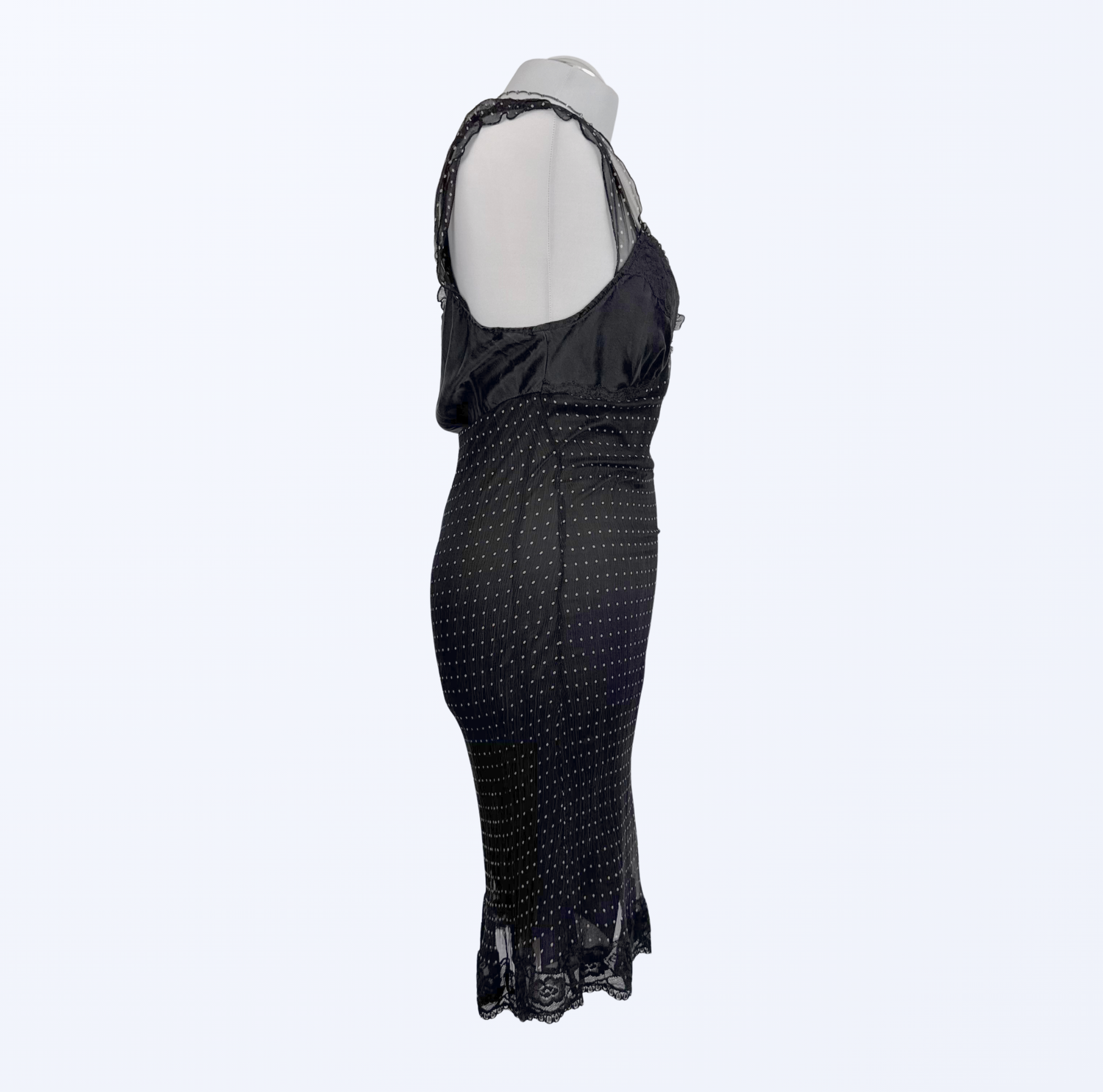 Polka Dots Seidenkleid scharz Rüschenärmel Teos Vintage Onlineshop