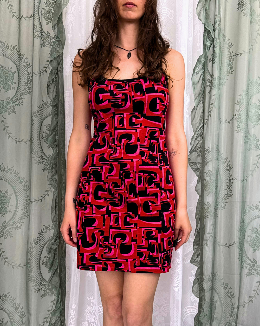 Custo Barcelona Minikleid 70s Style Muster Pink schwarz rot Sommerkleid Baumwolle 