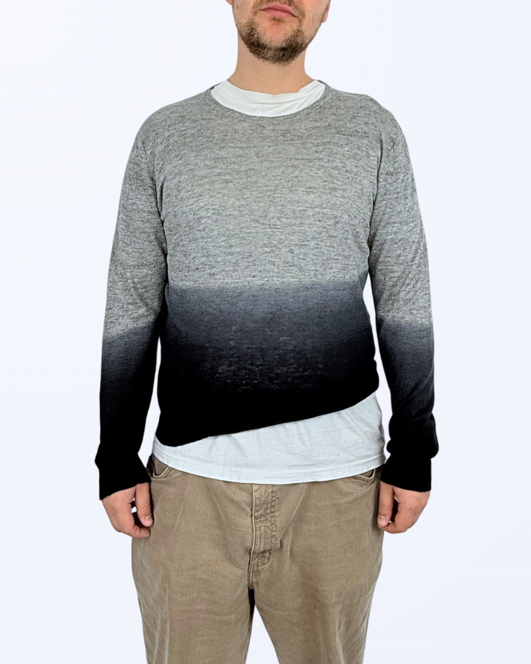 Dkny Sweater dünner Pullover 100 % Leinen Farbverlauf grau blau schwarz Gr. L Teos Vintage Onlineshop