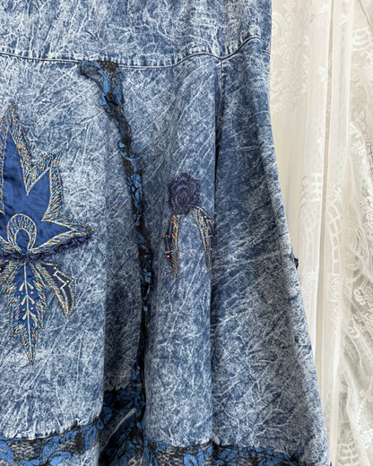 Jeansrock mit Spitze besonders rare witchy whimsy whimsical Teos Vintage online Shop