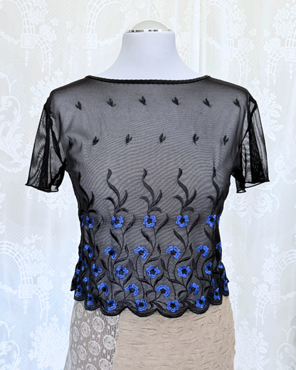 DiBen Mesh Oberteil T-shirt 90s Style Whimsy Whitchy Blumenstickerei
