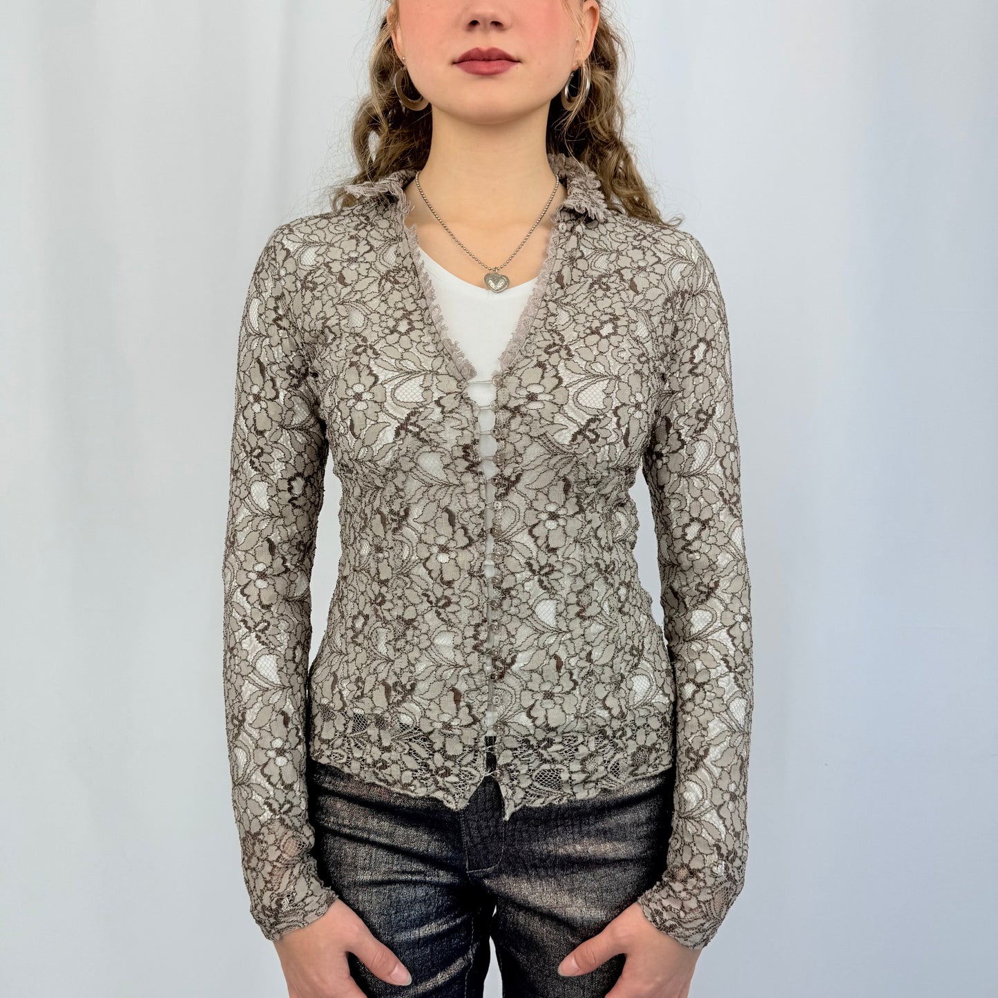 Spitzen Bluse Oberteil taupe (XS)