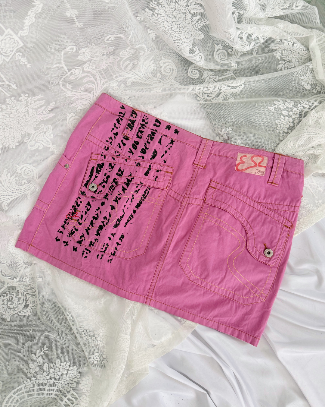 ESZ Minirock rosa y2k Style Schriftzug rare besonders Teos Vintage Online Shop