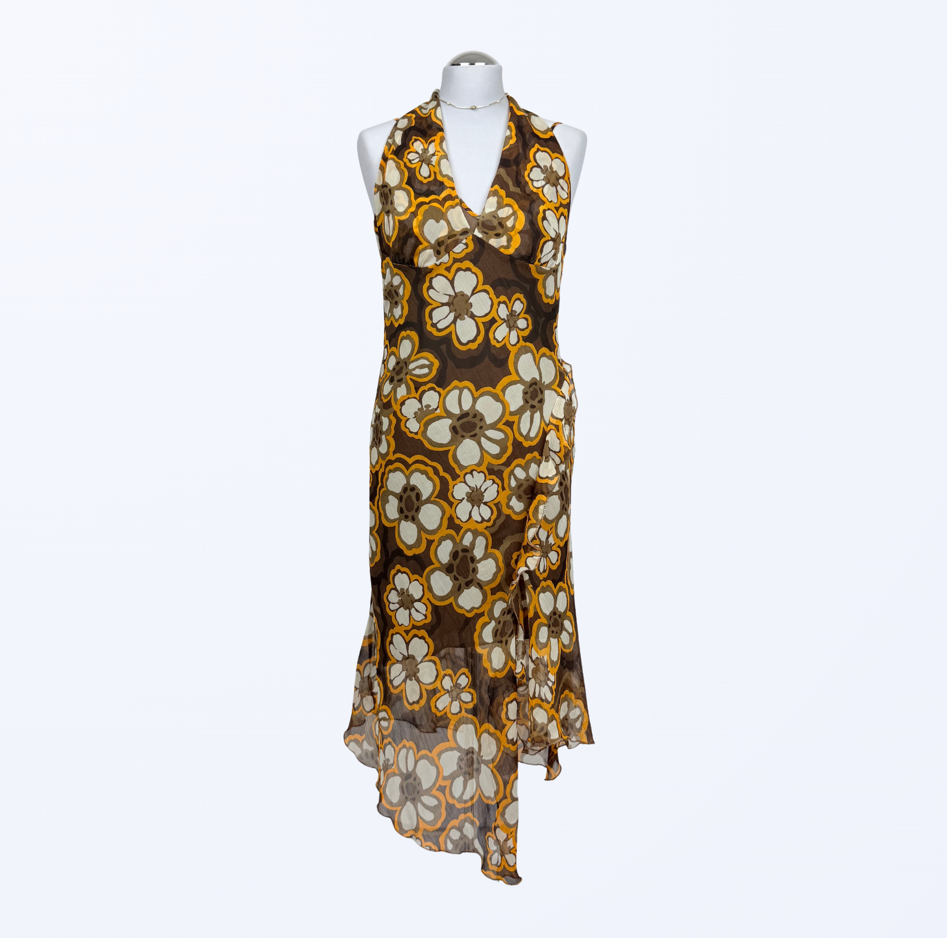 Elisa Landri Kleid Neckholder und Trägerkleid asymmetrisch Blumenmuster 70s Style