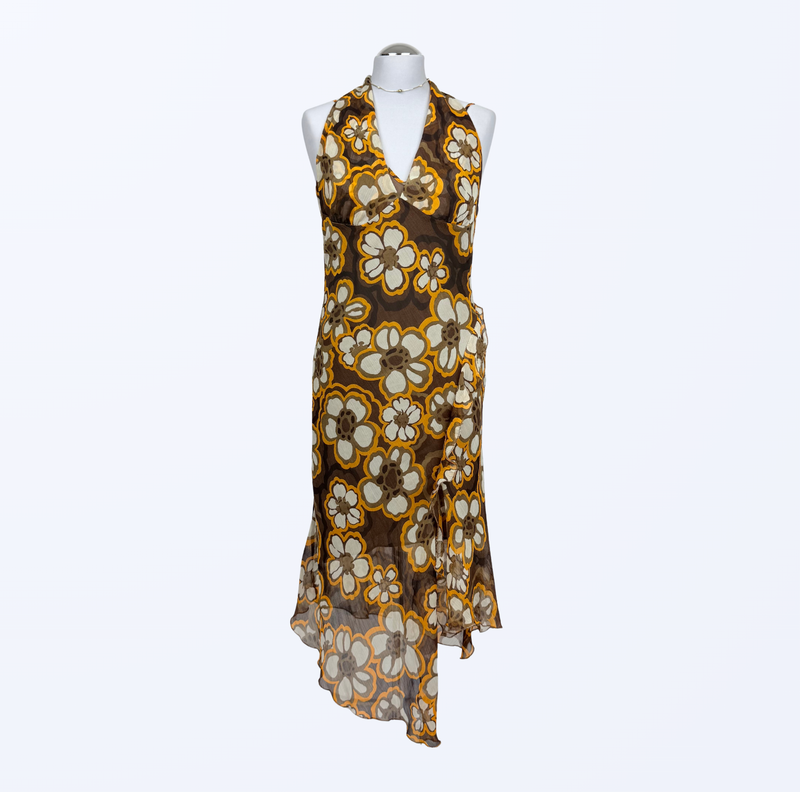 Elisa Landri Kleid Neckholder und Trägerkleid asymmetrisch Blumenmuster 70s Style