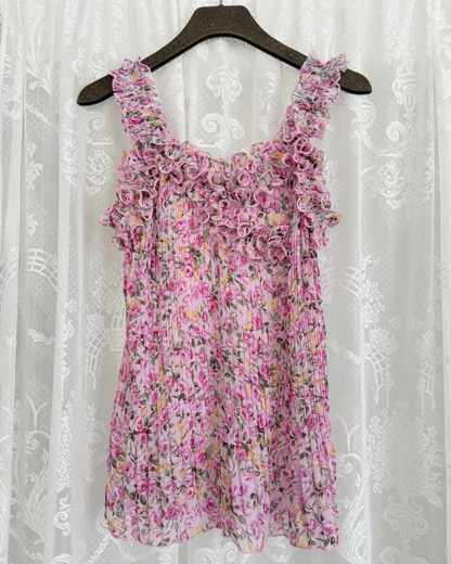 Top Rüschen rosa Blumenmuster Seide romantic whimsy Teos Vintage Onlineshop Second Hand Stuttgart