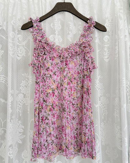 Top Rüschen rosa Blumenmuster Seide romantic whimsy Teos Vintage Onlineshop Second Hand Stuttgart