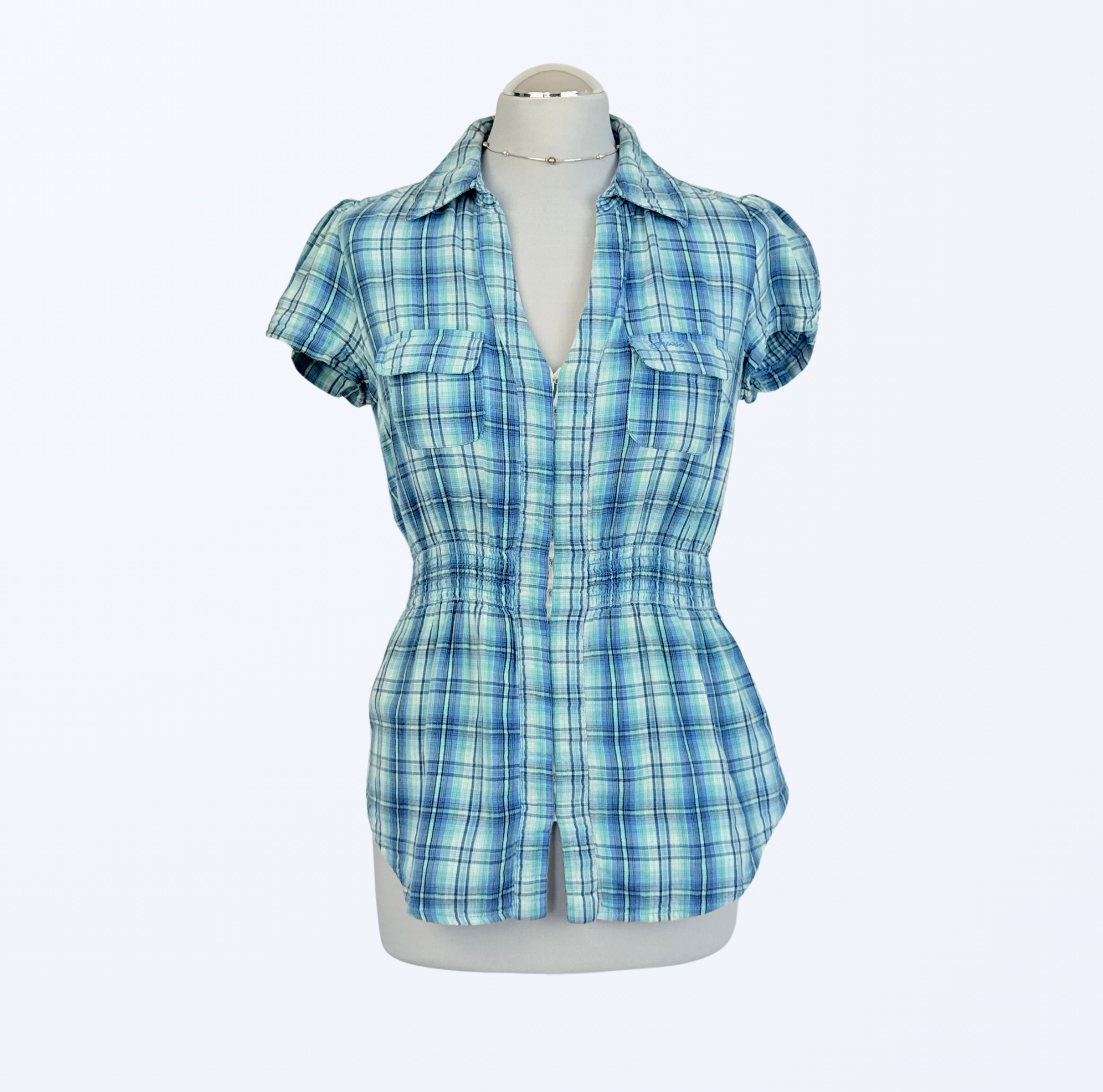 Guess Kurzarmbluse kariert türkis hellblau y2k Teos Vintage Onlineshop
