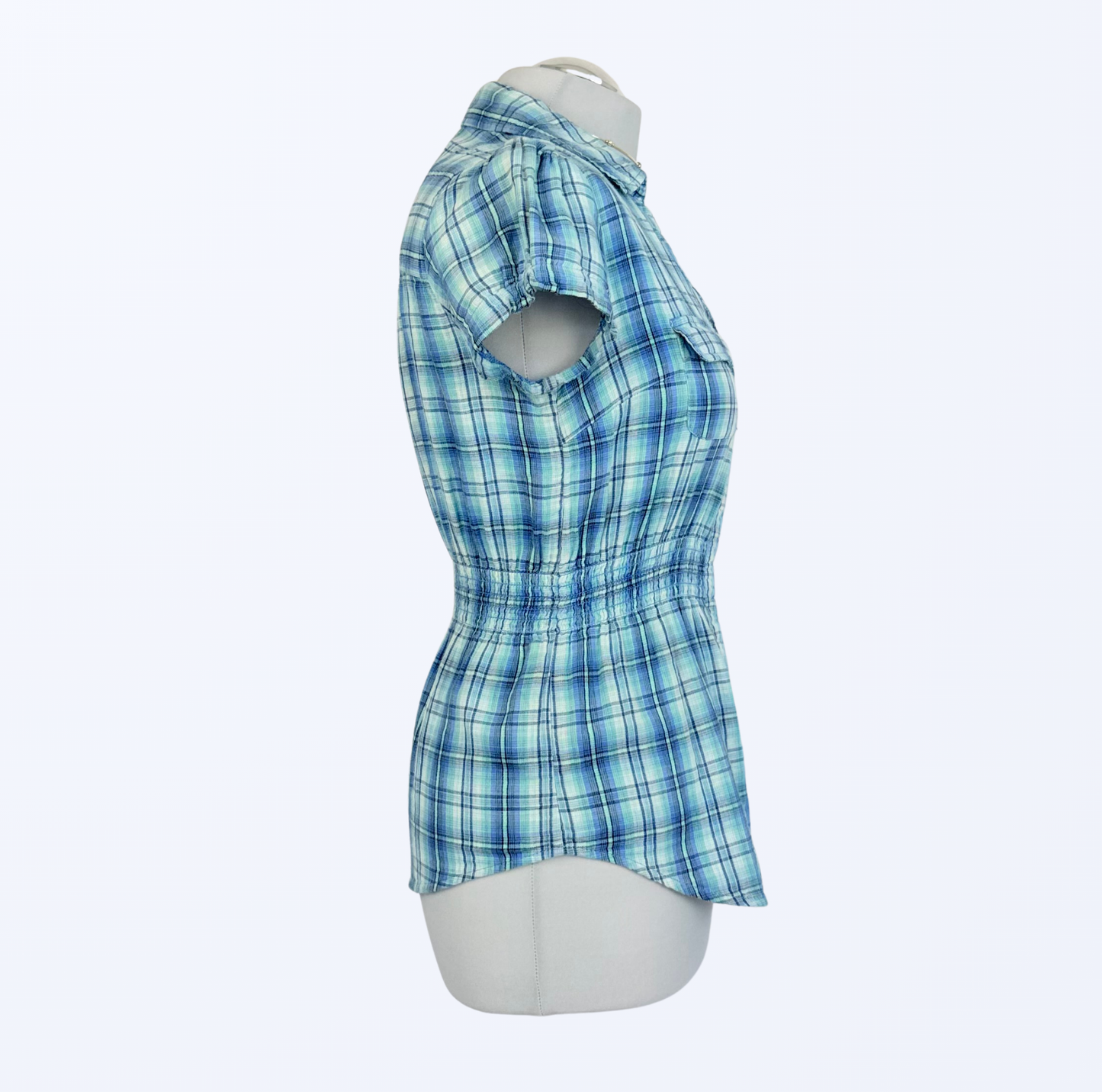 Guess Kurzarmbluse kariert türkis hellblau y2k Teos Vintage Onlineshop