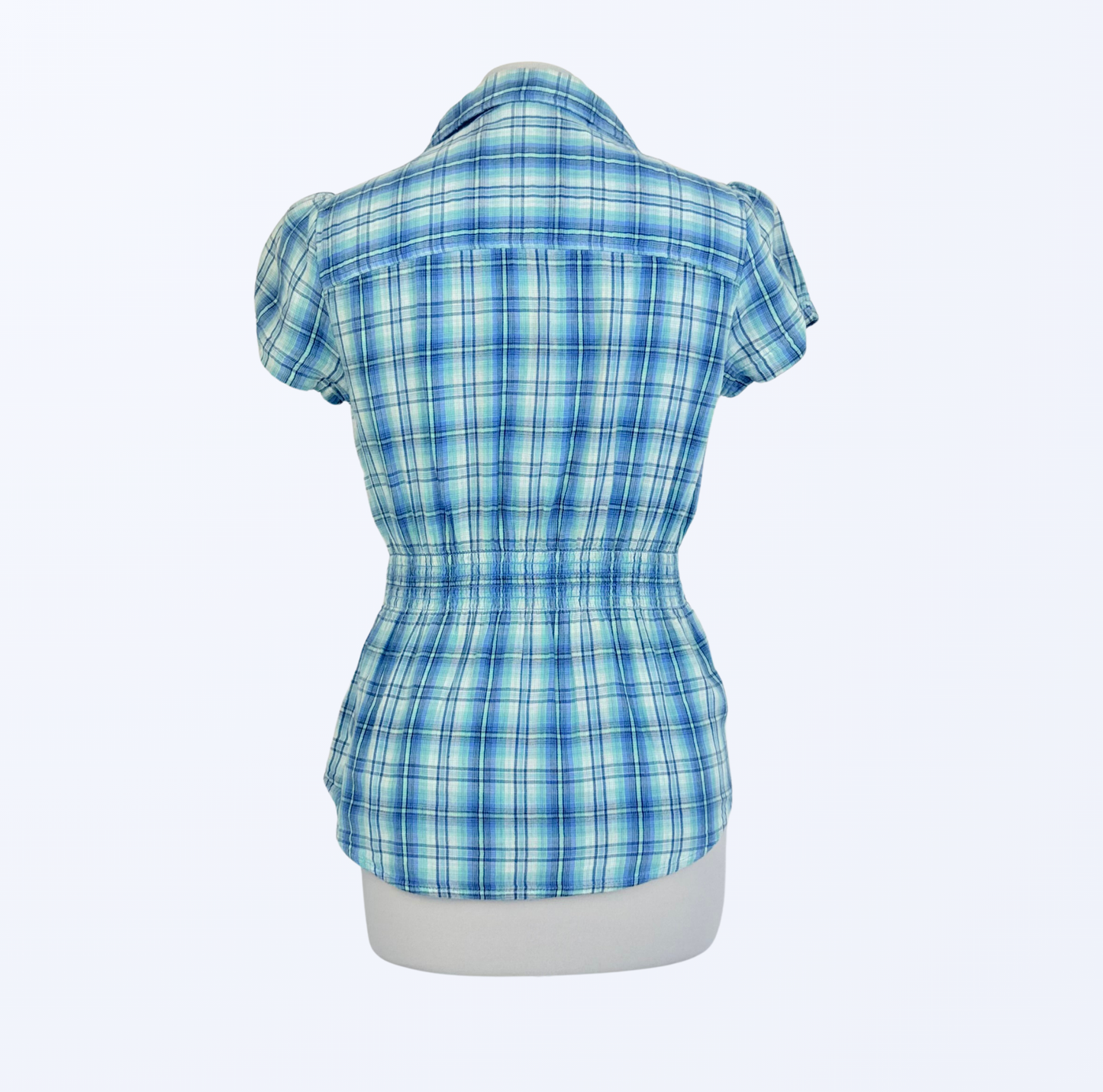 Guess Kurzarmbluse kariert türkis hellblau y2k Teos Vintage Onlineshop