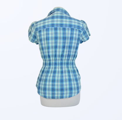 Guess Kurzarmbluse kariert türkis hellblau y2k Teos Vintage Onlineshop