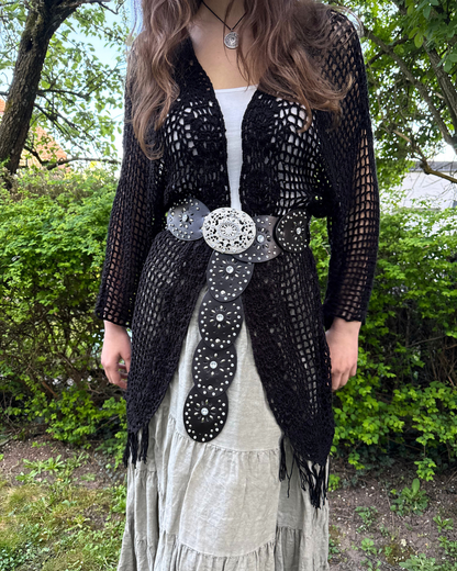 Boho Festival witchy Whimsical Häkel Cardigan lang schwarz Teos Vintage Onlineshop