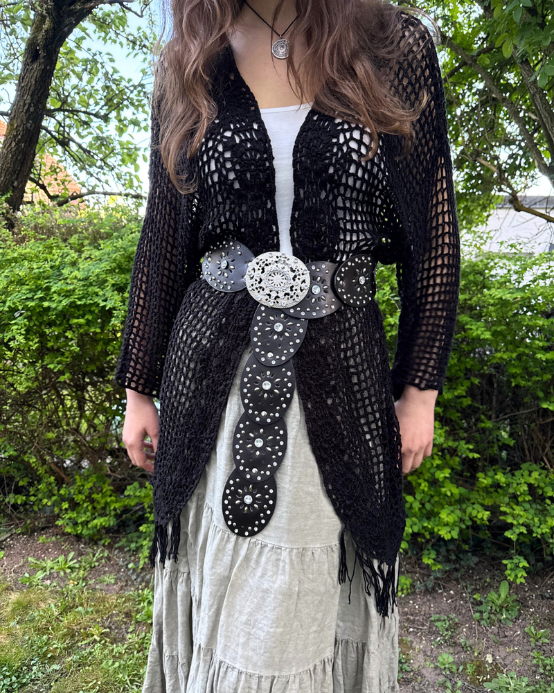 Boho Festival witchy Whimsical Häkel Cardigan lang schwarz Teos Vintage Onlineshop