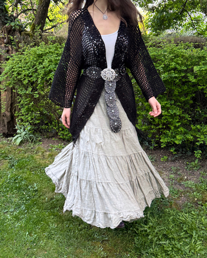 Boho Festival witchy Whimsical Häkel Cardigan lang schwarz Teos Vintage Onlineshop