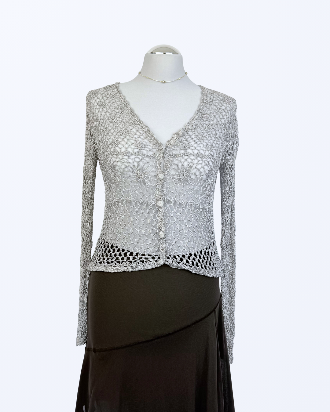 Boho Festival Whitchy Whimsical Häkelcardigan Sonnenmuster silbergrau