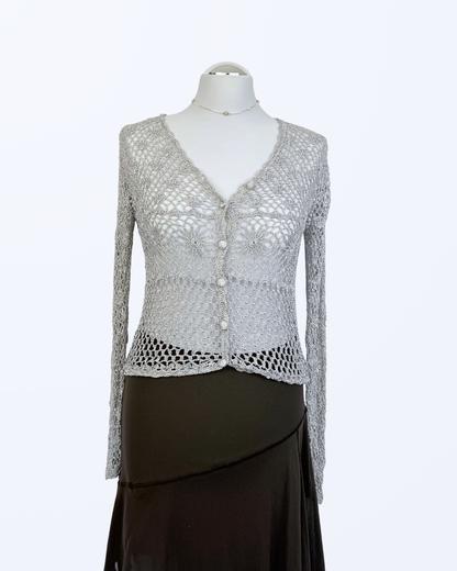 Boho Festival Whitchy Whimsical Häkelcardigan Sonnenmuster silbergrau