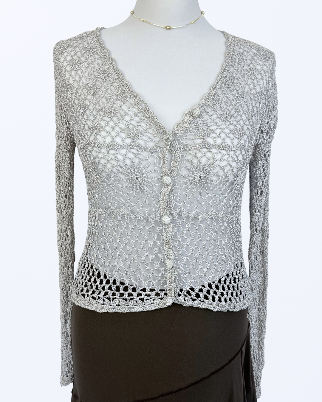 Boho Festival Whitchy Whimsical Häkelcardigan Sonnenmuster silbergrau