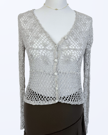 Boho Festival Whitchy Whimsical Häkelcardigan Sonnenmuster silbergrau
