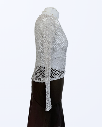 Boho Festival Whitchy Whimsical Häkelcardigan Sonnenmuster silbergrau