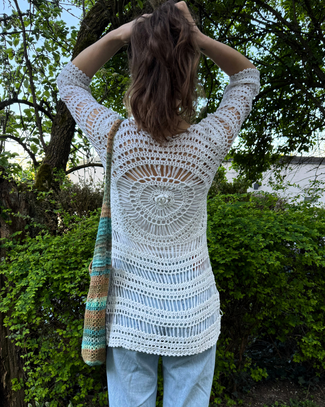 Boho Festival Whitchy Whimsical Häkelcardigan lang weiß Teos Vintage