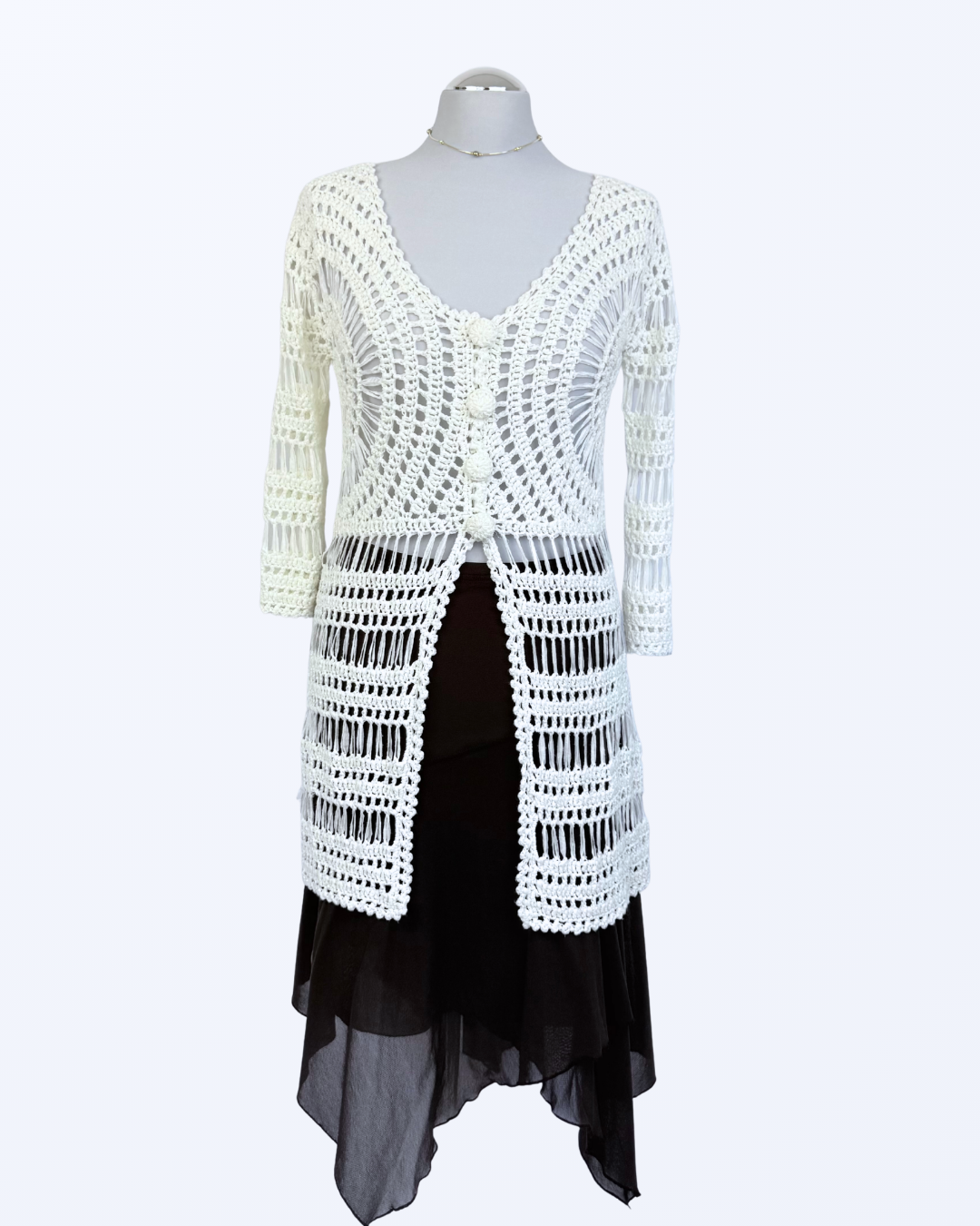 Boho Festival Whitchy Whimsical Häkelcardigan Lang Duster weiß Teos Vintage Onlineshop