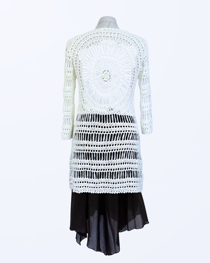 Boho Festival Whitchy Whimsical Häkelcardigan Lang Duster weiß Teos Vintage Onlineshop