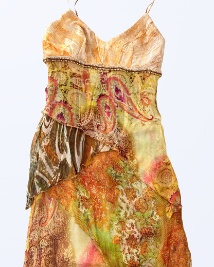 Seidenslip Dress Kleid Orange grün fairy y2k Sommerkleid Teos Vintage Onlineshop