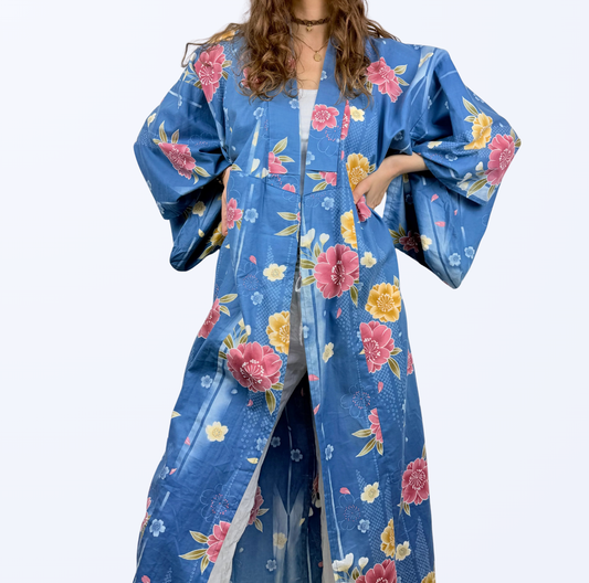 Kimono blau geblümt Teos Vintage Onlineshop