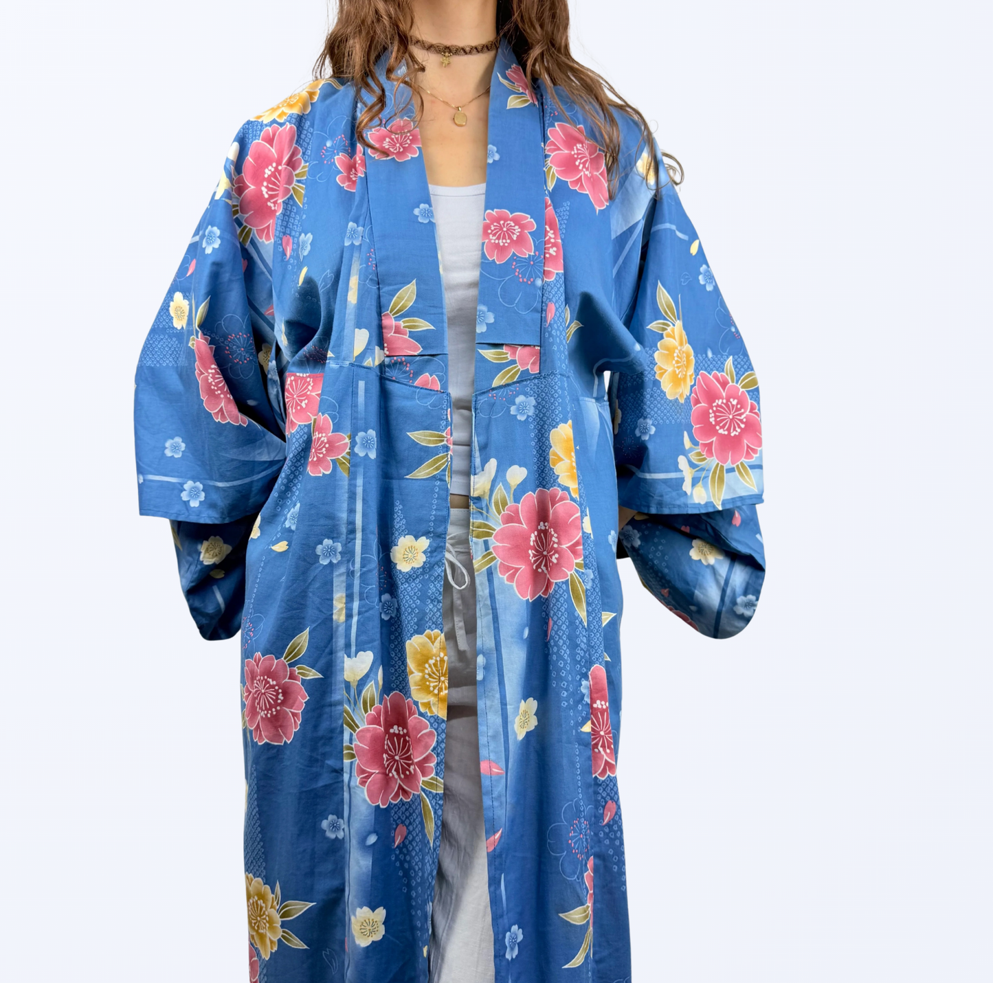 Kimono blau geblümt Teos Vintage Onlineshop