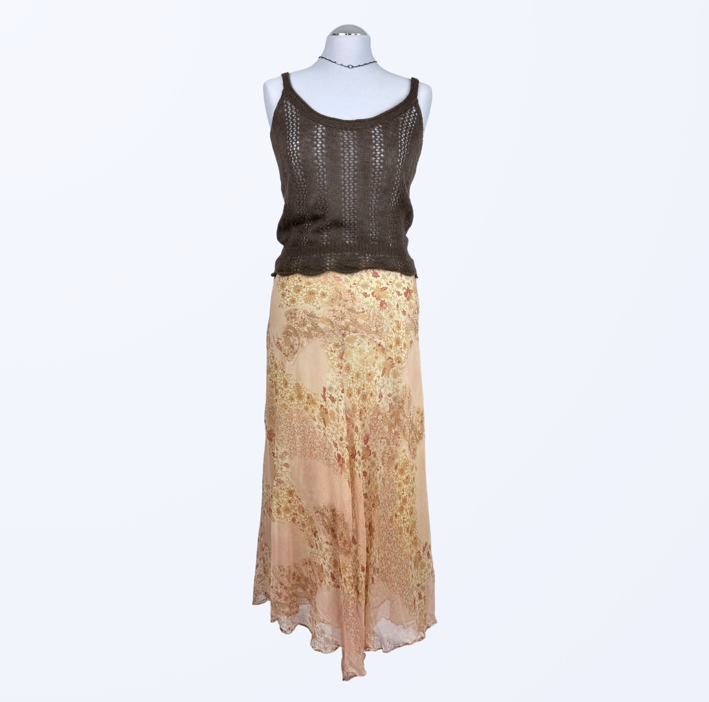 Maxirock Seide Layer Asymmetrisch rosa beige Blumenmuster Teos Vintage Onlineshop