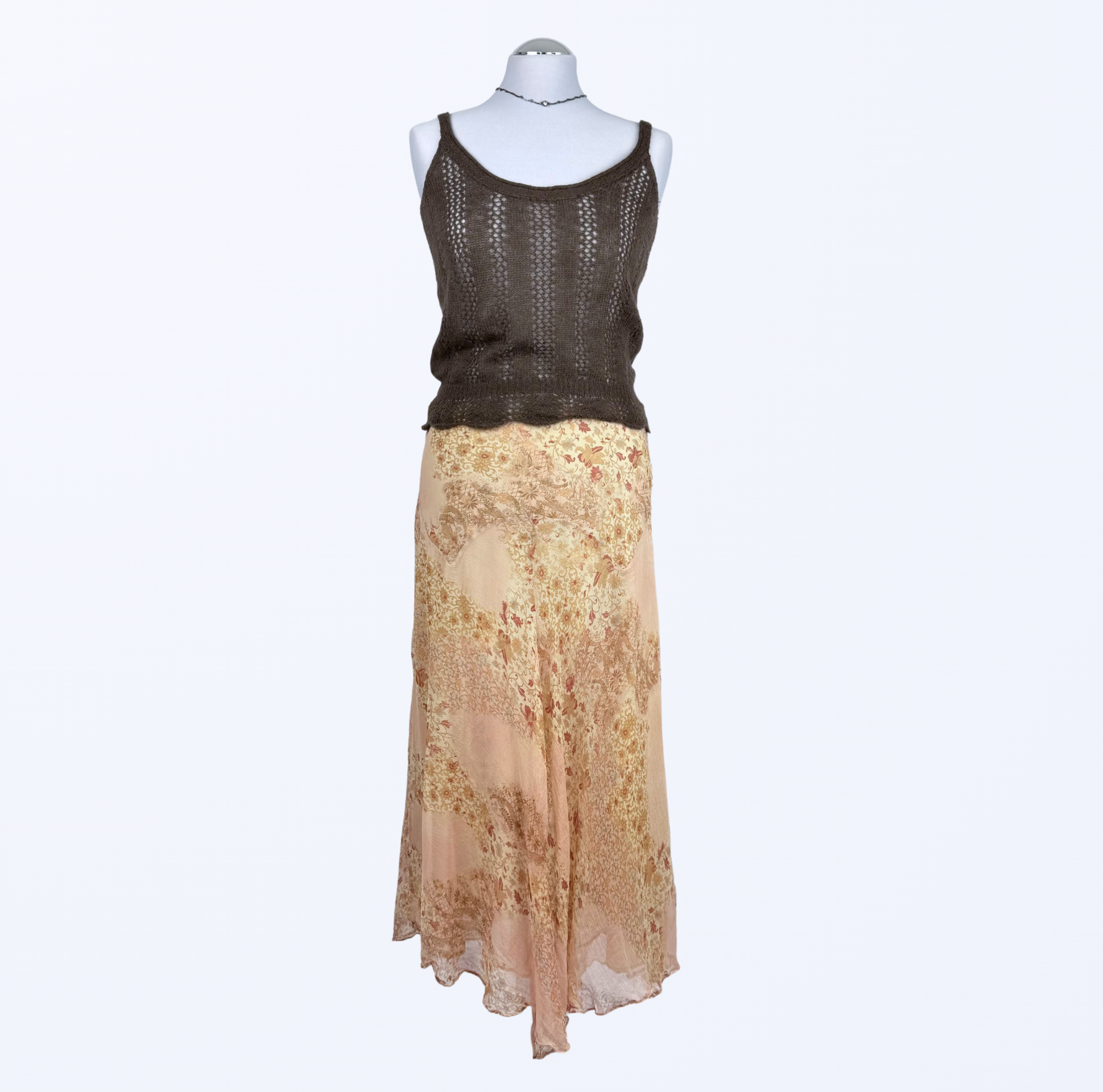 Maxirock Seide Layer Asymmetrisch rosa beige Blumenmuster Teos Vintage Onlineshop