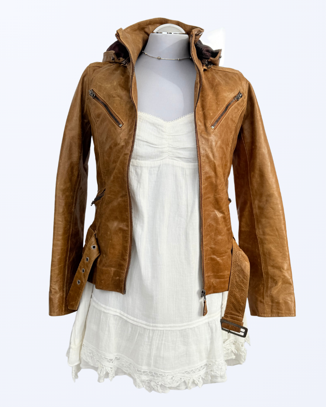 L Aurore Lederjacke hellbrauch abnehmbare Kapuze Fell Teos Vintage Onlineshop