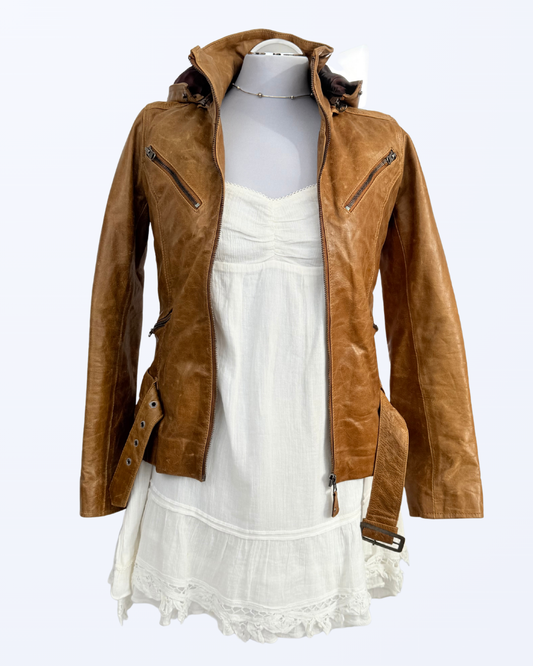 L Aurore Lederjacke hellbrauch abnehmbare Kapuze Fell Teos Vintage Onlineshop
