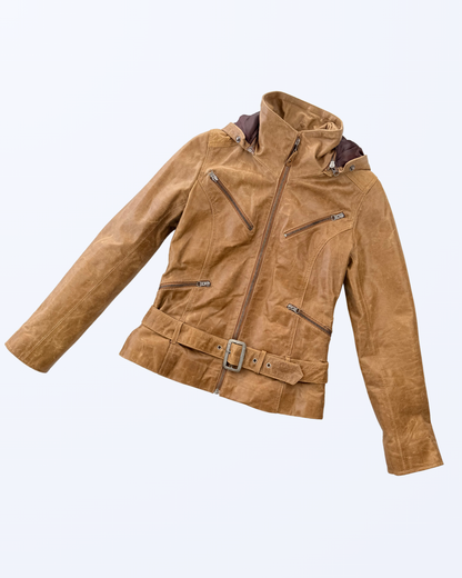L Aurore Lederjacke hellbrauch abnehmbare Kapuze Fell Teos Vintage Onlineshop